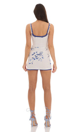 Double Strap Mesh Floral Bodycon Dress in White